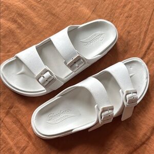 Skechers White Double Buckle Slides